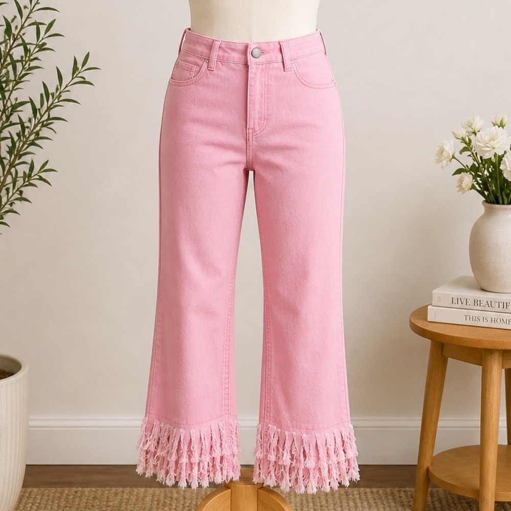 Charlotte by Cato Girls Pink Fringe Hem Straight Leg Denim Jeans Size 18 NWT